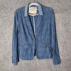 Anthropologie Cartonnier Blazer 2 Linen Coastal Embroidered Chambray Lightweight